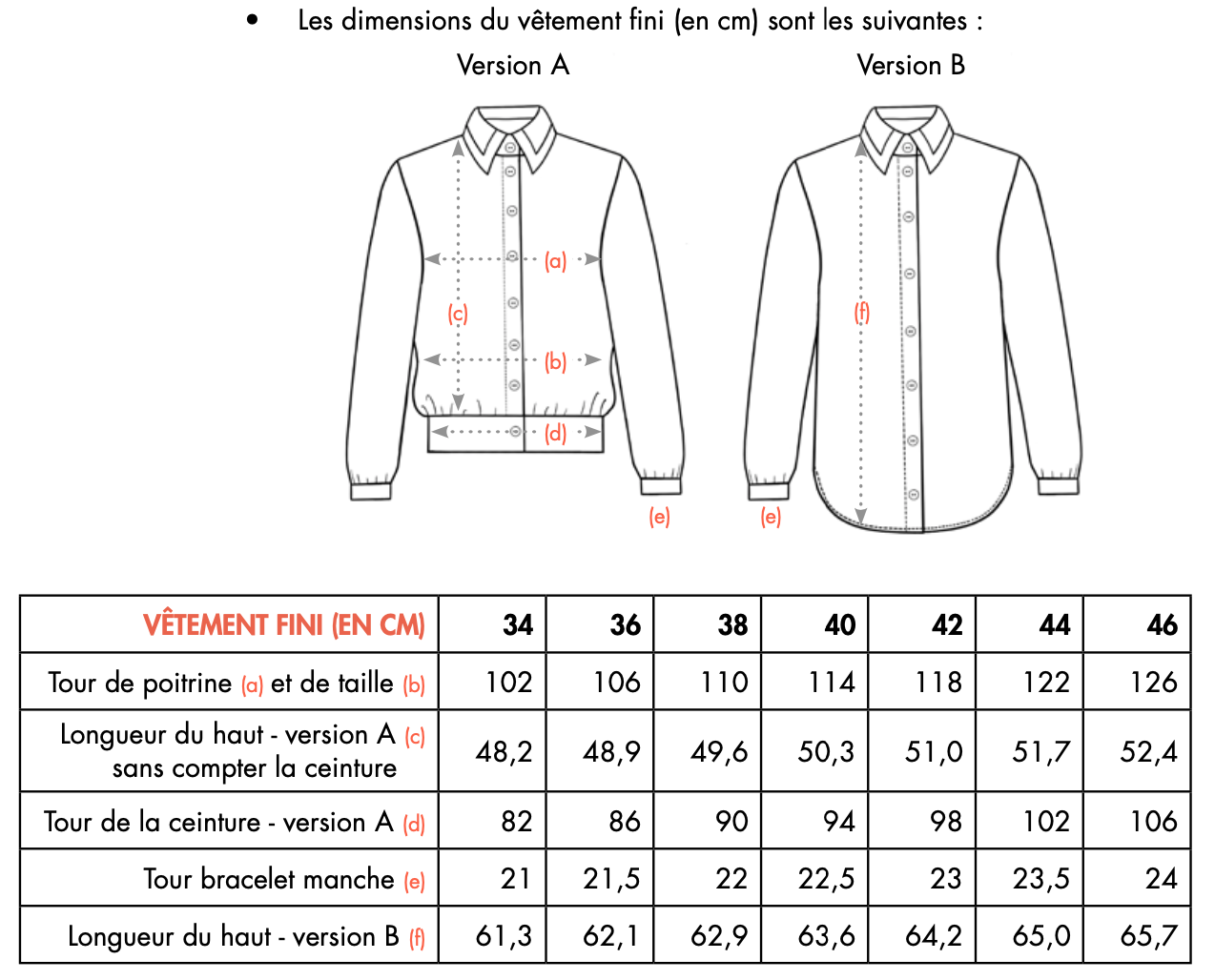 Polly J - Finished garment measurements